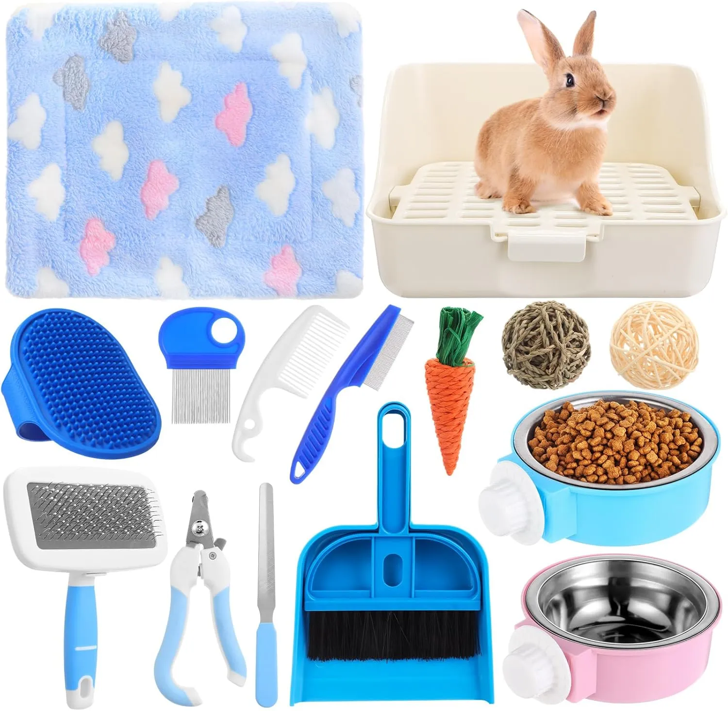 15 Pcs Rabbit Starter Kit Small Litter Box Animal Grooming Kit Bunny Toys Bowl Blankets with Cleaning Set for Guinea Pig Rabbit Accessories(Multicolor)