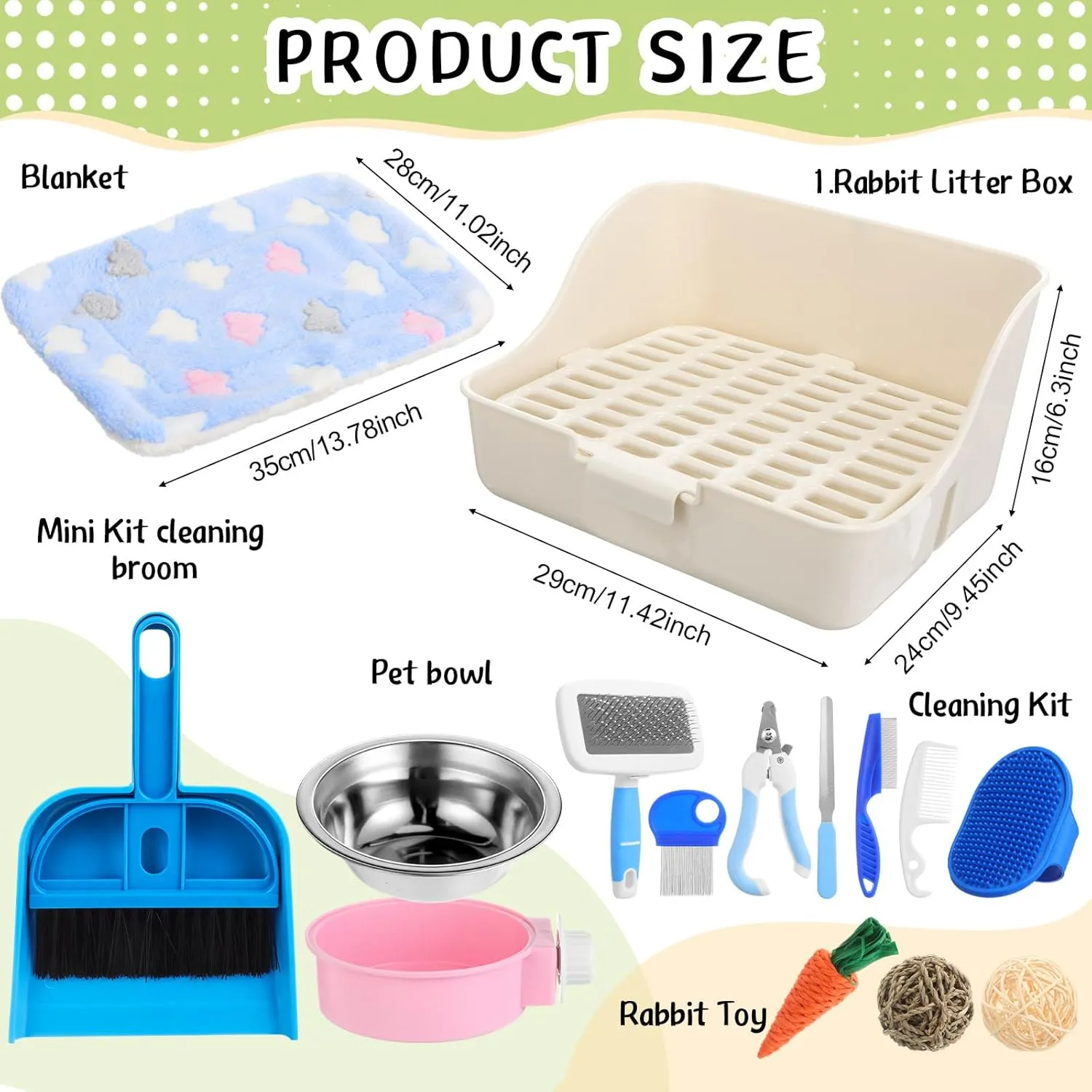 15 Pcs Rabbit Starter Kit Small Litter Box Animal Grooming Kit Bunny Toys Bowl Blankets with Cleaning Set for Guinea Pig Rabbit Accessories(Multicolor)