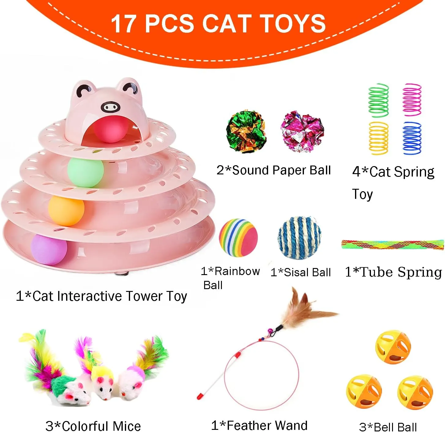 17 Pack Cat Toys, 4-Level Turntable Ball Track Interactive Cat Toy for Indoor Cats, Self Play Fun Roller with Colorful Rotating Ball Puzzle Exercise Kitten Toys Set