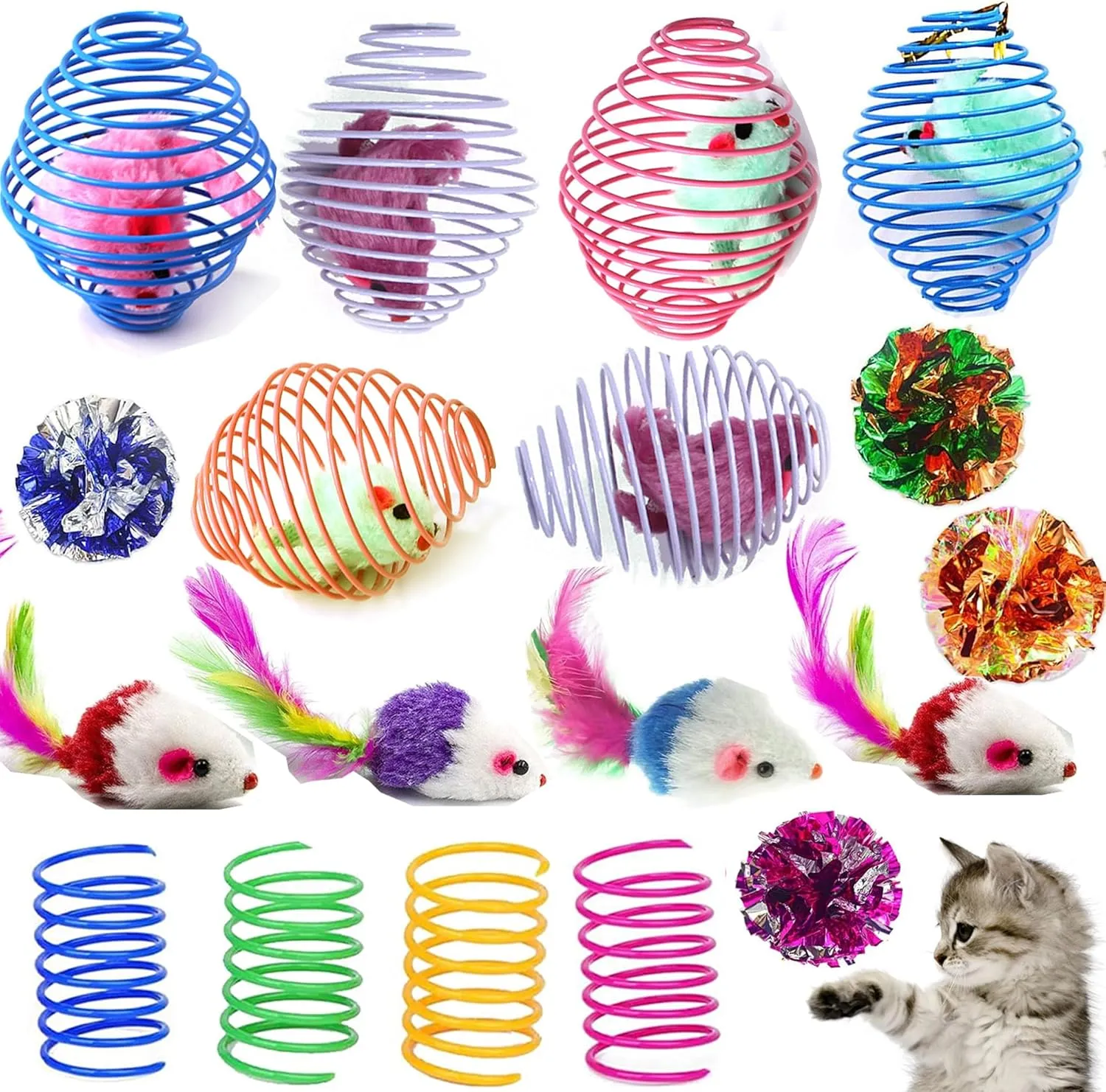 18 Pack Assorted Cat Metal Spring Balls Stretchable Large Cat Spiral Toy Crinkle Balls Interactive Kitten Rolling Coils Spring Inside Caged Rats Pet Supplies Indoor Outdoor Ferrets