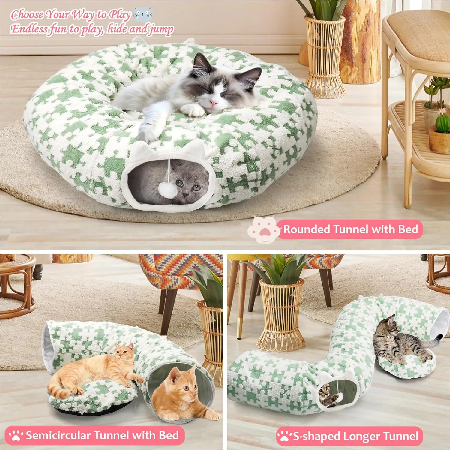 2-in-1 Cat Tunnel Bed for Indoor Cats, Cat Play Donut Tunnel with Washable Circle Cushion, Round Pet Peekaboo Cave Toy with 2 Entryways for Kitten/Rabbit/Ferret, Green