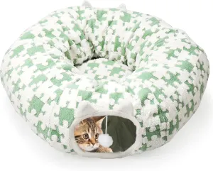 2-in-1 Cat Tunnel Bed for Indoor Cats, Cat Play Donut Tunnel with Washable Circle Cushion, Round Pet Peekaboo Cave Toy with 2 Entryways for Kitten/Rabbit/Ferret, Green