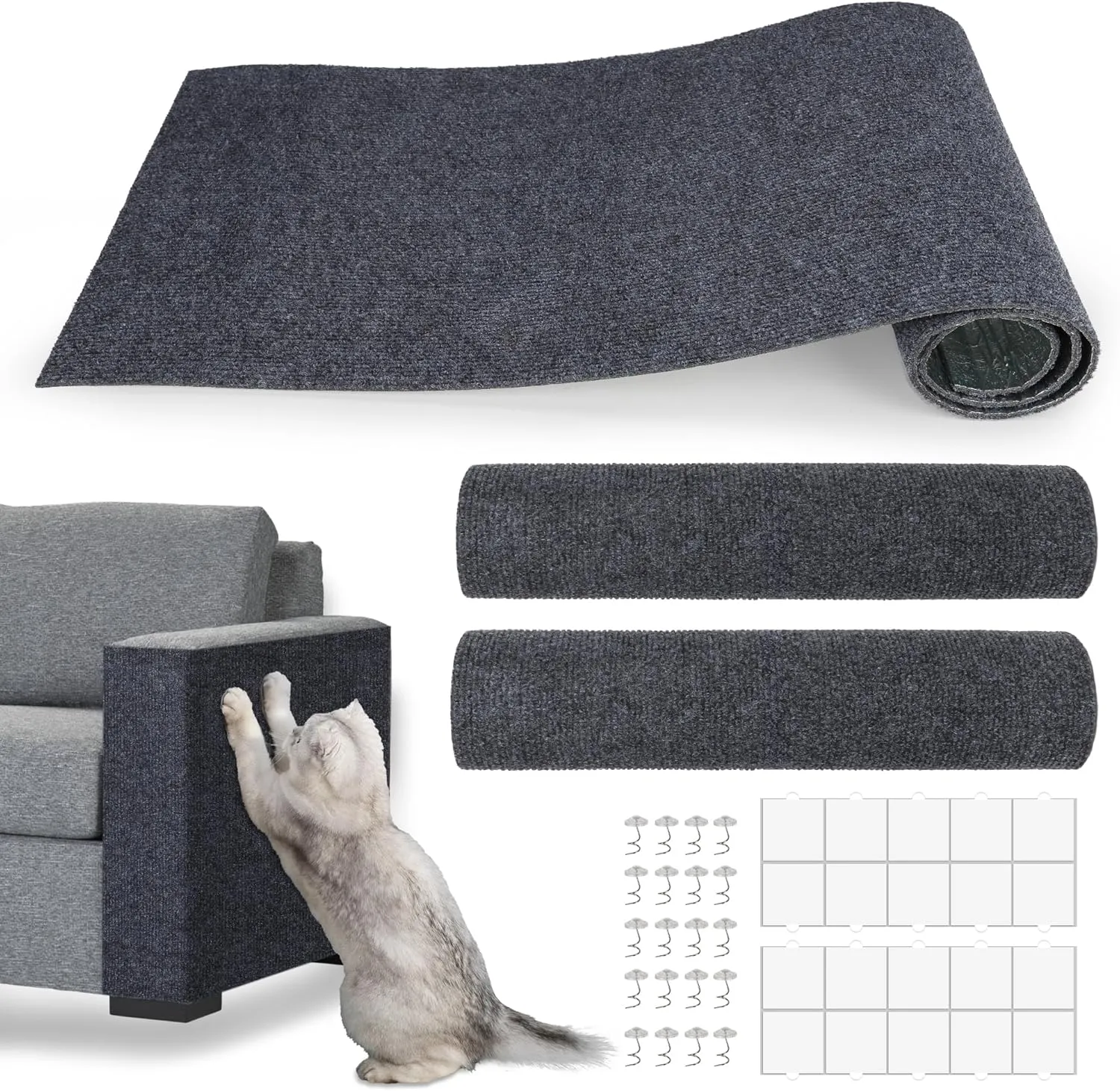 2 Pack 45.28''X15.8'' Cat Scratch Pad Furniture Protector Trimmable Self-Adhesive Cat Scratch Couch & Scratching Carpet for Indoor Cats, Durable DIY Cat Tower Replacement(Grey)