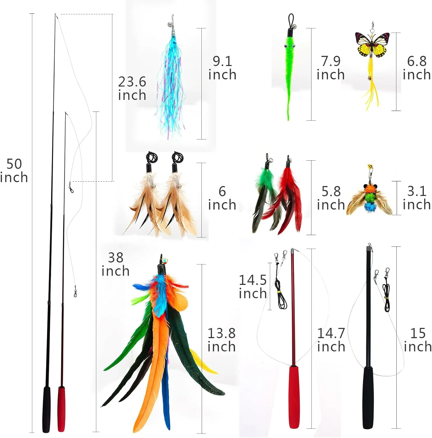 2PCS Ultra-Long Cat Teaser(50" 38") 9PCS Da Bird Feather Refills, Fishing Pole Toy,Interactive Toys -Retractable Cat Wand Toy and Feather Toys Refills Attachment Replacement for Indoor Cats