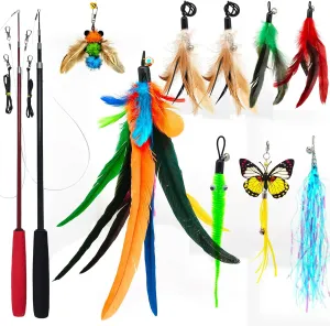 2PCS Ultra-Long Cat Teaser(50" 38") 9PCS Da Bird Feather Refills, Fishing Pole Toy,Interactive Toys -Retractable Cat Wand Toy and Feather Toys Refills Attachment Replacement for Indoor Cats