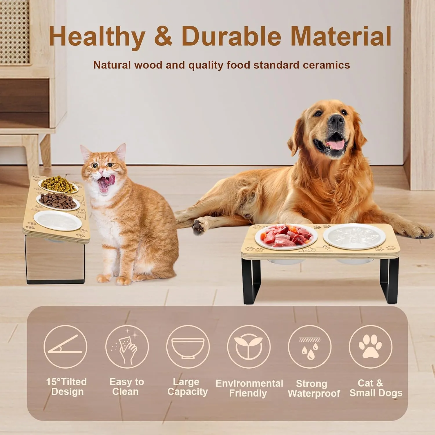 3 Ceramic Elevated Cat Bowls 15 Tilted Raised Puppy Pet Food and Water Bowl Wood Body Stand Feeder with Pawprint Pattern, Cat Bowl Stand with Anti Slip Mat for Indoor Cats, Small Dog