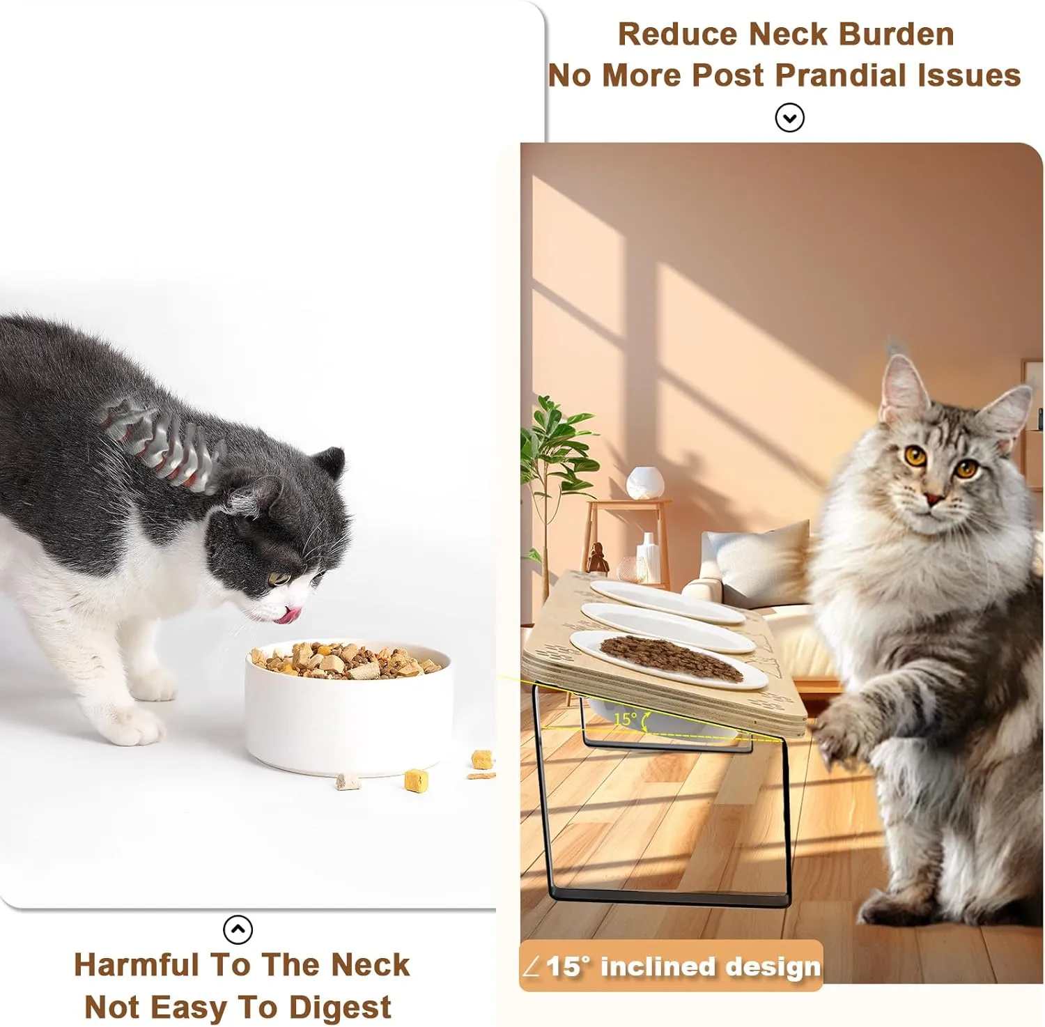 3 Ceramic Elevated Cat Bowls 15 Tilted Raised Puppy Pet Food and Water Bowl Wood Body Stand Feeder with Pawprint Pattern, Cat Bowl Stand with Anti Slip Mat for Indoor Cats, Small Dog