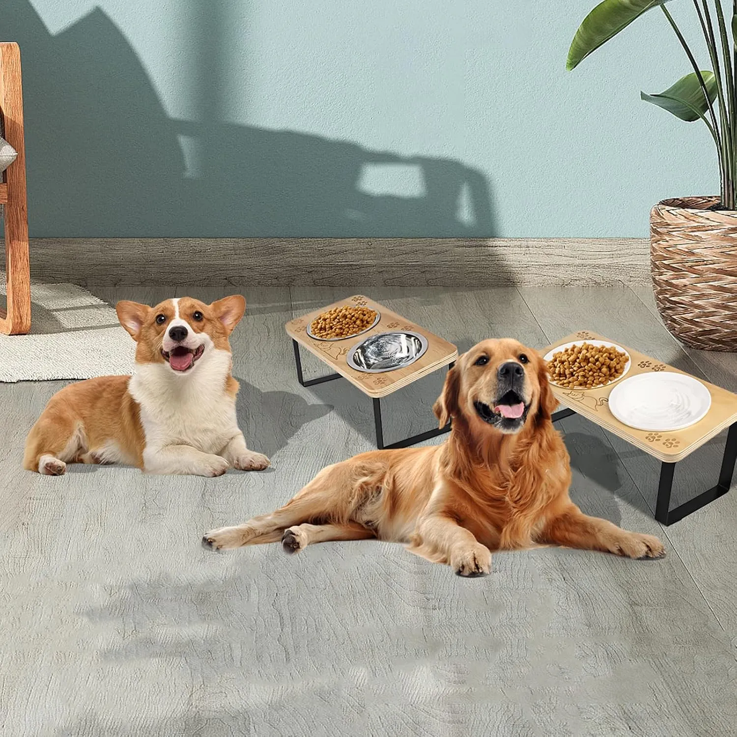 3 Ceramic Elevated Cat Bowls 15 Tilted Raised Puppy Pet Food and Water Bowl Wood Body Stand Feeder with Pawprint Pattern, Cat Bowl Stand with Anti Slip Mat for Indoor Cats, Small Dog
