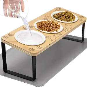 3 Ceramic Elevated Cat Bowls 15 Tilted Raised Puppy Pet Food and Water Bowl Wood Body Stand Feeder with Pawprint Pattern, Cat Bowl Stand with Anti Slip Mat for Indoor Cats, Small Dog