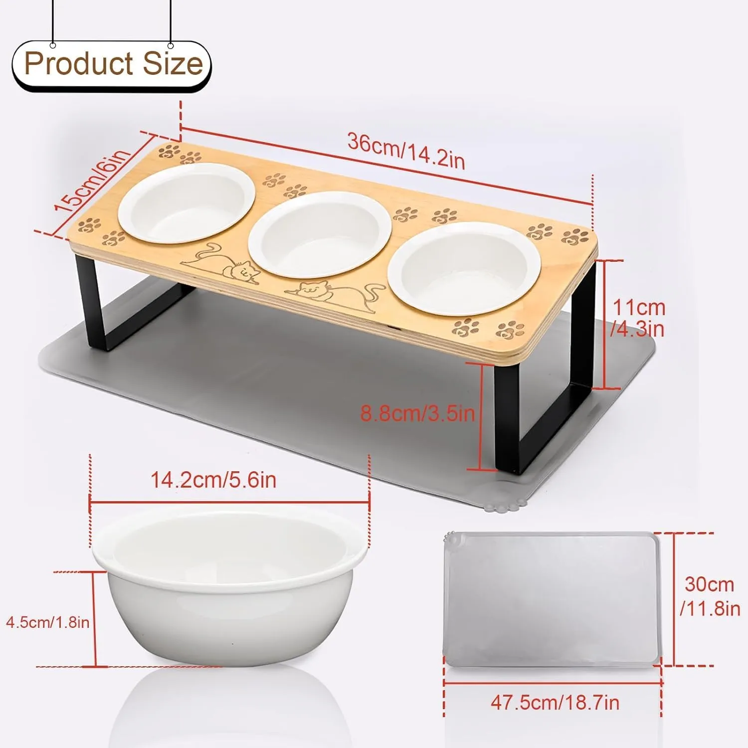 3 Ceramic Elevated Cat Bowls 15 Tilted Raised Puppy Pet Food and Water Bowl Wood Body Stand Feeder with Pawprint Pattern, Cat Bowl Stand with Anti Slip Mat for Indoor Cats, Small Dog