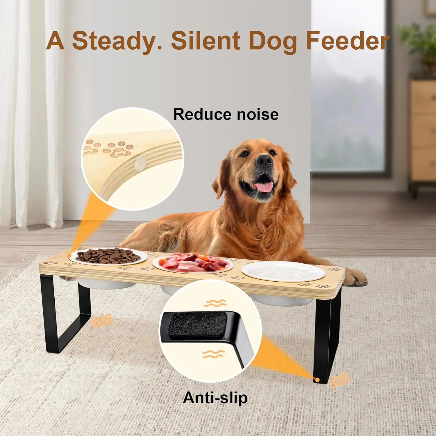 3 Ceramic Elevated Cat Bowls 15 Tilted Raised Puppy Pet Food and Water Bowl Wood Body Stand Feeder with Pawprint Pattern, Cat Bowl Stand with Anti Slip Mat for Indoor Cats, Small Dog