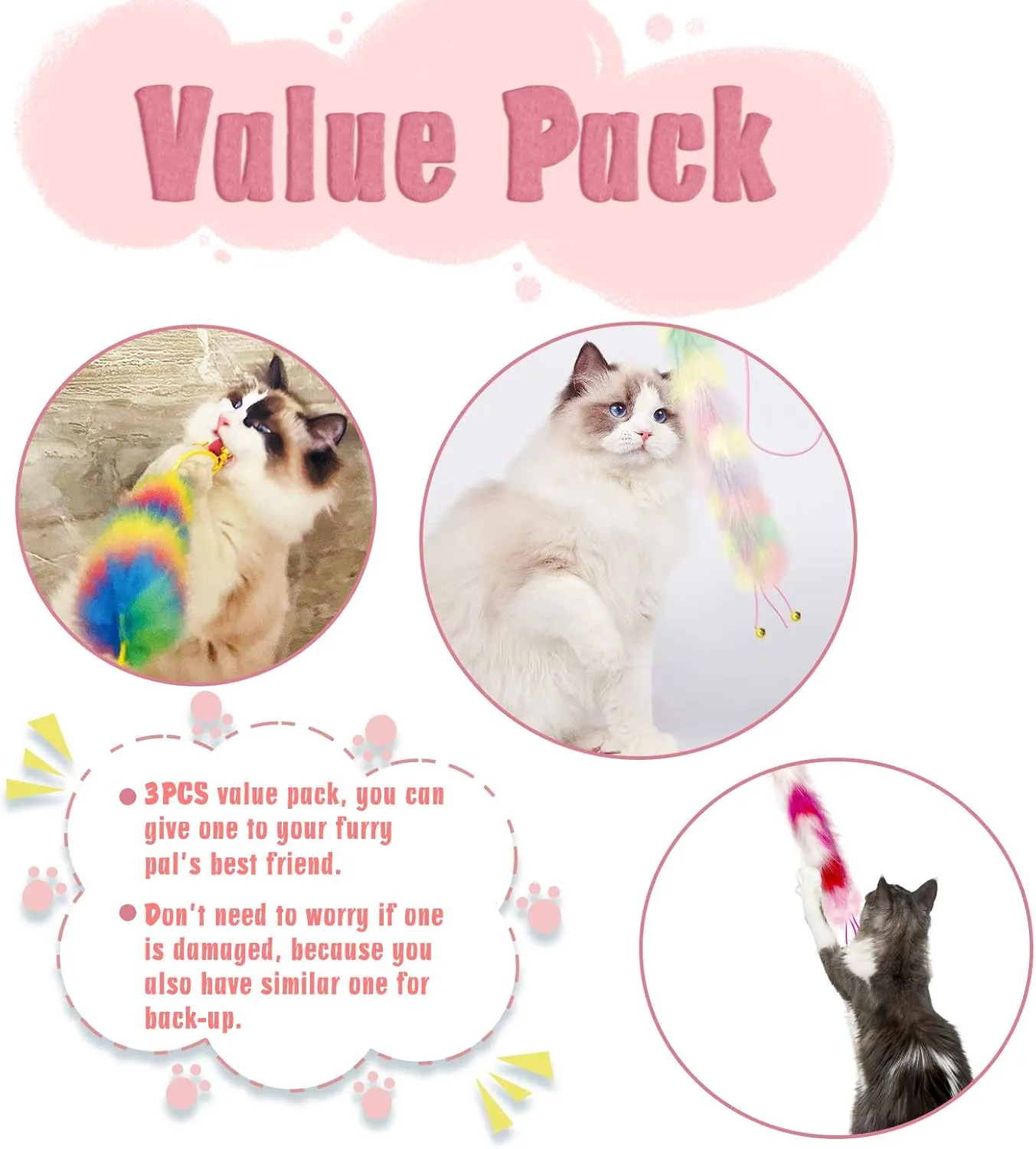 3 Pack Cat Wand Toy, Rainbow Cat Feather Toys with Bells, Teaser Wand with Soft Furry Tail, Interactive Toys for Indoor Cats & Kitten & Kitty