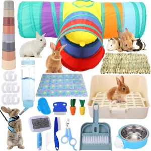 34 Pcs Rabbit Starter Kit Rabbit Litter Box Small Animal Water Bottle Stacking Cups Bunny Tunnels Animal Grooming Kit Bowl Blankets with Cleaning Set for Guinea Pig Rabbit Accessories