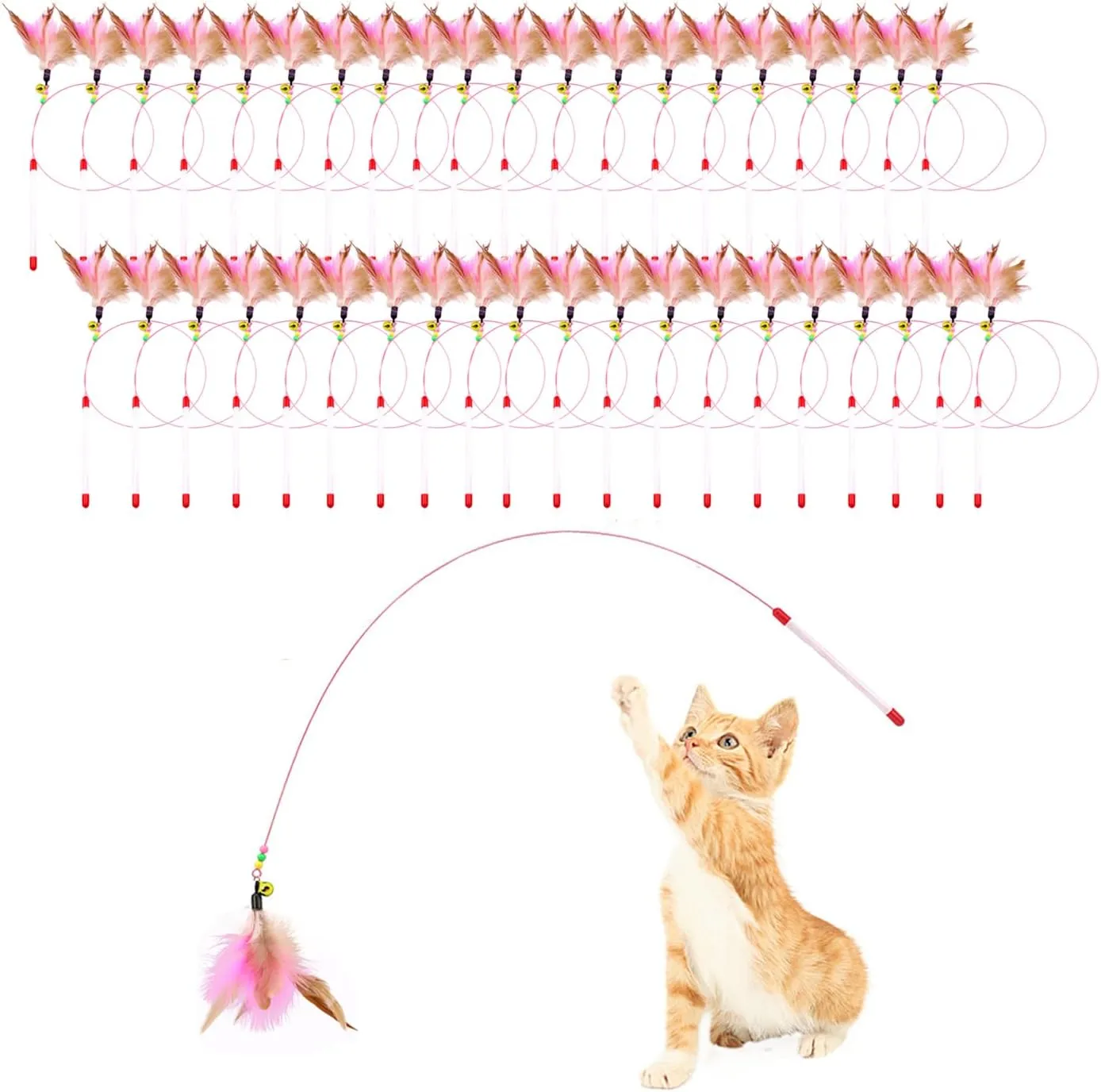 40 Pack Cat Feather Toy Wand, Interactive Pet Kitten Chaser Teaser Wire Wand with Bell Beads for Cat Exercise Play Fun Gifts - Wholesale