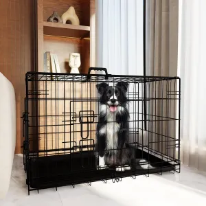 42 Inch Double Door Folding Metal Wire Dog Crate with Divider and Plastic Leak - Proof Pan Tray for Medium Dogs, Indoor, Outdoor & Travel