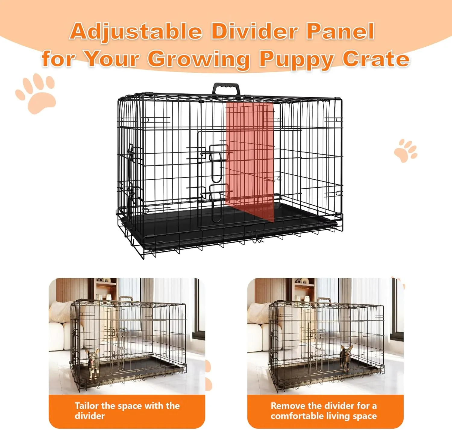 42 Inch Double Door Folding Metal Wire Dog Crate with Divider and Plastic Leak - Proof Pan Tray for Medium Dogs, Indoor, Outdoor & Travel