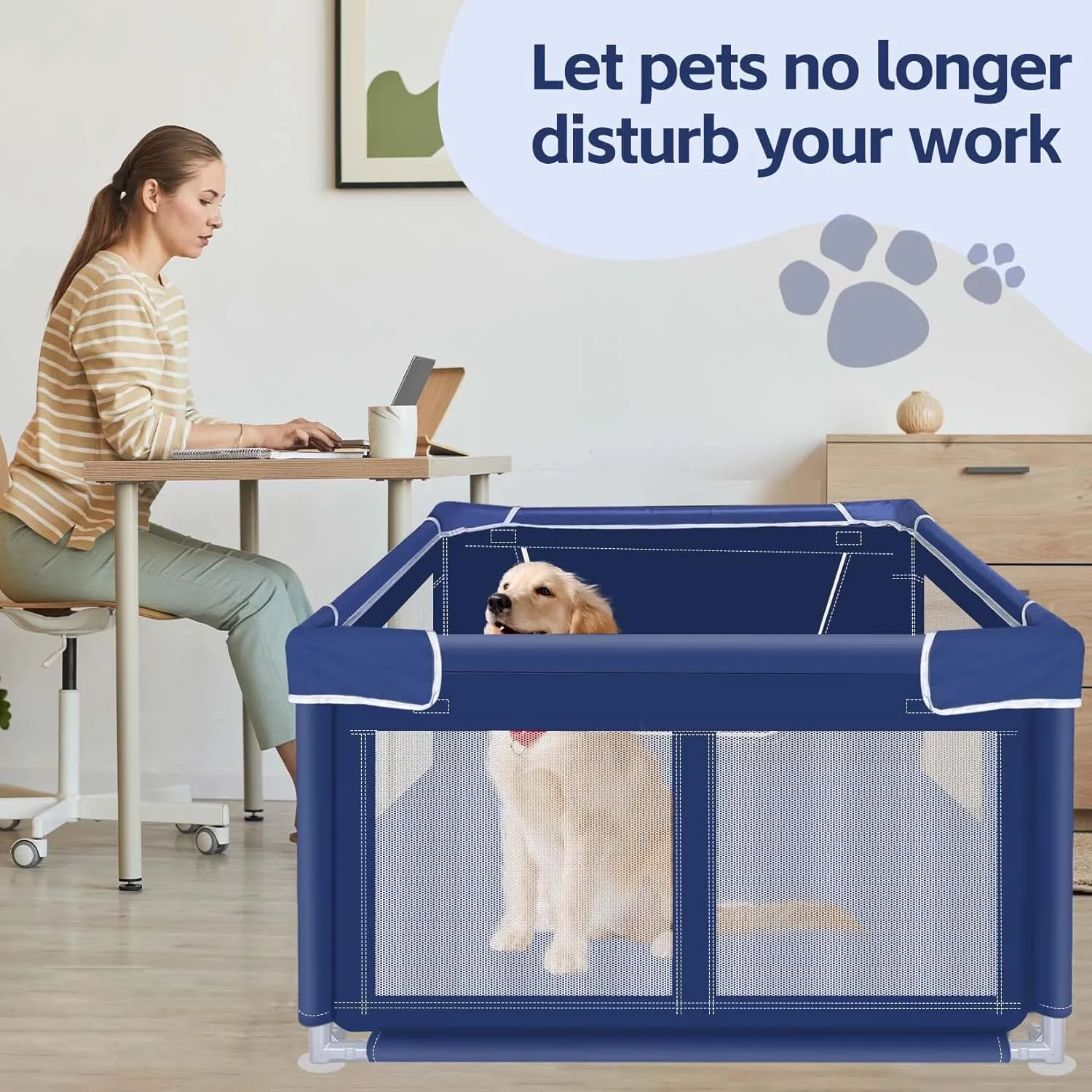 42x42x25.6 Inches Dog Playpen, Foldable Portable Soft Puppy Playpen with Gate, Thickened Fabric Mesh Dog Fence with High-Strength Nylon Wire Mesh, Indoor Outdoor Breathable Exercise Pet Fence Cage
