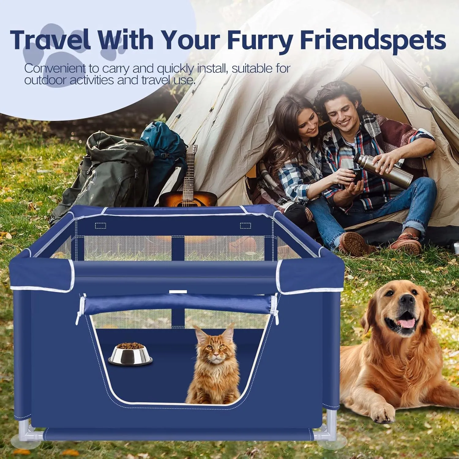 42x42x25.6 Inches Dog Playpen, Foldable Portable Soft Puppy Playpen with Gate, Thickened Fabric Mesh Dog Fence with High-Strength Nylon Wire Mesh, Indoor Outdoor Breathable Exercise Pet Fence Cage