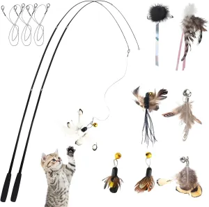 70'' Ultra Long Cat Wand Toy for Full Fun, Interactive Cat Toys for Indoor Cats Kitten, 2Pcs Retractable Flexible Poles and 8Pcs Cat Feather Toys Bell Teaser Refills, 2Pcs String Refills