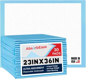 AbsorbEase Disposable Underpads 23'' X 36'' (30-Count) Incontinence Pads, Chux, Bed Covers, Puppy Training | Thick, Super Absorbent Protection for Kids, Adults, Elderly | Liquid, Urine, Accidents