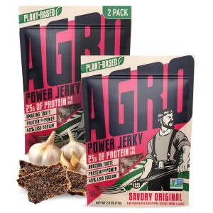 AGRO POWER Vegan Jerky - Savory Original Flavor  Delicious, Non-GMO Certified Vegetarian Jerky with 25 Grams of Plant-Based Protein and 40% Less Sodium. High Protein Vegan Snacks - 2 Pack Set