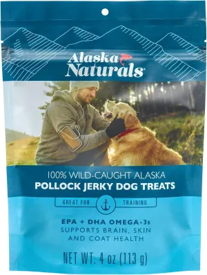 Alaska Naturals Dog Treats, Wild-Caught Pollock Jerky with Omega 3 to Support Healthy Skin & Shiny Coat, Gluten Free, Grain Free Training & Rewarding Dogs Treat, 4 oz