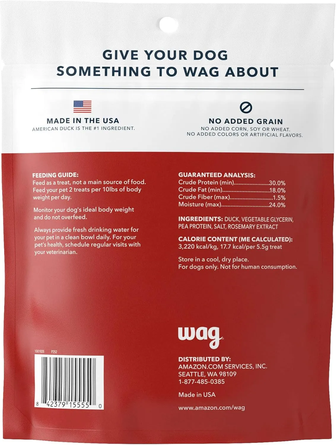 Amazon Brand - Wag Soft & Tender American Jerky Dog Treats  Duck Bites, 16 Ounce (Pack of 1)