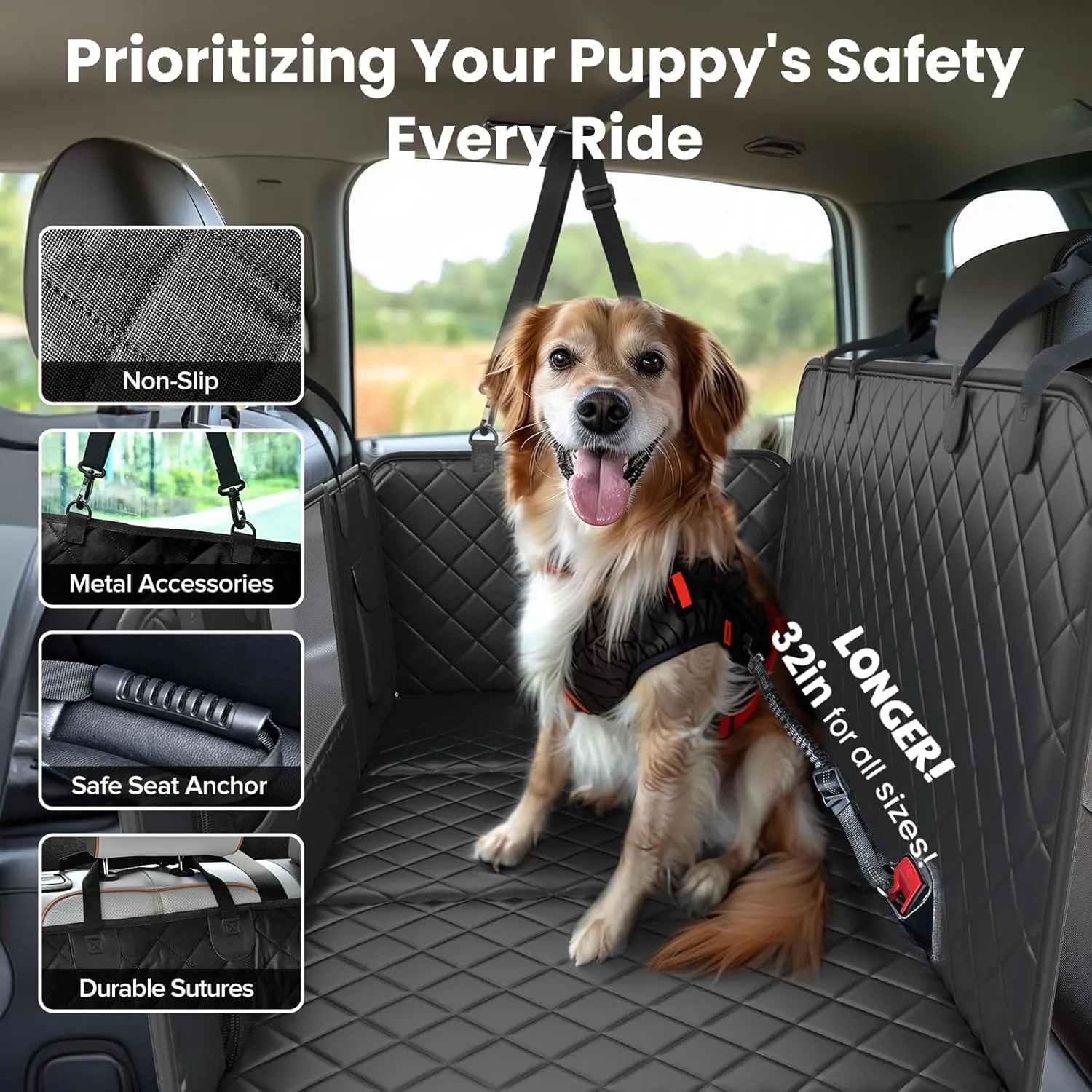 Back Seat Extender for Dogs-Large Space, Sturdy Seat Cover Hard Bottom with Storage, Washable Dog Hammock for Car, SUV, Truck, Black
