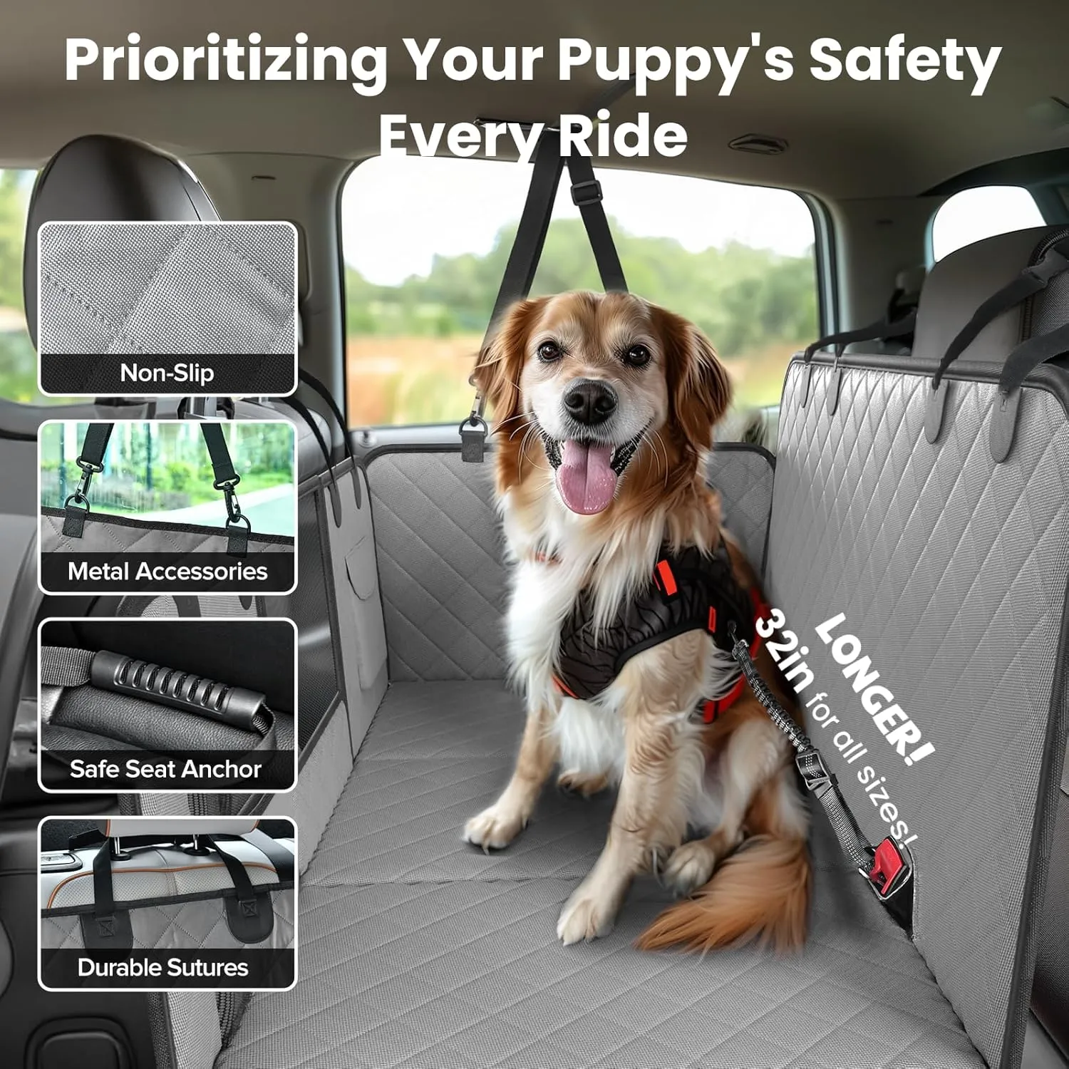Back Seat Extender for Dogs-Large Space, Sturdy Seat Cover Hard Bottom with Storage, Washable Dog Hammock for Car, SUV, Truck, Grey and Black