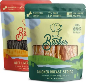 Beg & Barker Jerky for Dogs - Dog Training Treats - Natural Dog Treats Made in The USA - Grain Free, Diabetic-Friendly, High Protein, Sugar-Free (Chicken & Liver, 4 Ounce (Pack of 2))