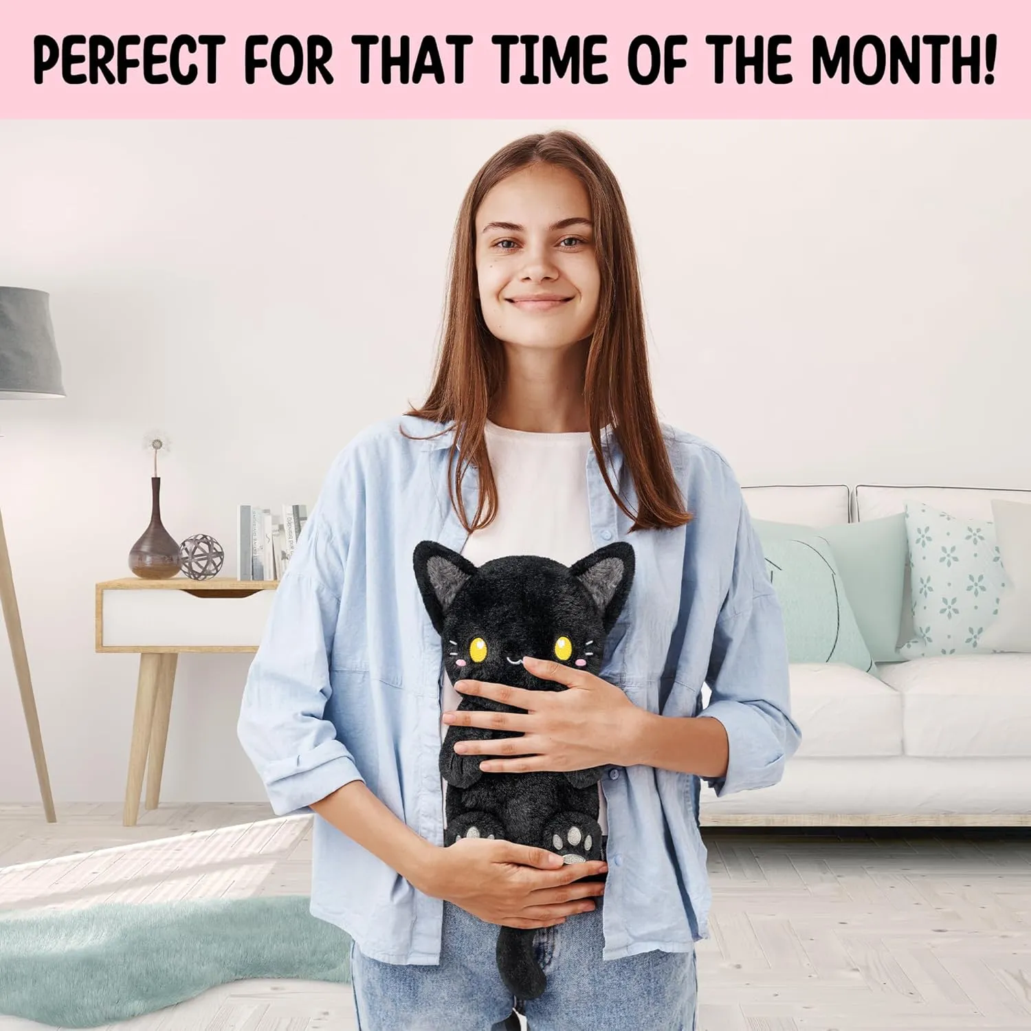 Black Cat Microwavable 1.5 lbs Unscented Heating Pad for Women and Kids- Cute Soft Cozy Pillow Plush Heatable Warm Stuffed Animals - Kawaii Hot and Cold Plushie - Black Cat Gifts for Girls and Women