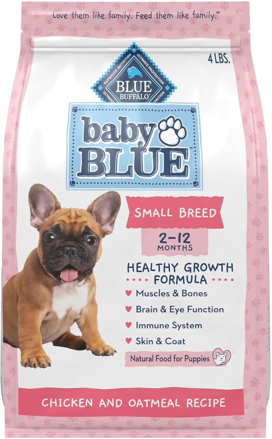 Blue Buffalo Baby BLUE Natural Small Breed Puppy Dry Dog Food, Healthy Growth Formula with DHA, Chicken and Oatmeal Recipe, 4-lb. Bag