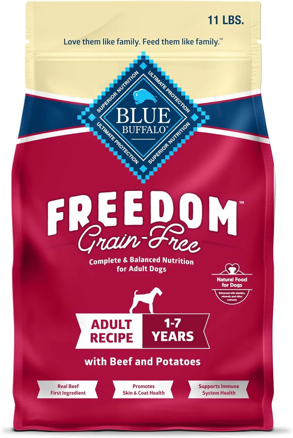 Blue Buffalo Freedom Grain-Free Dry Dog Food, Complete & Balanced Nutrition for Adult Dogs, Made in the USA With Natural Ingredients, Beef & Potatoes, 11-lb Bag