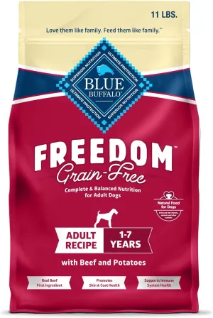 Blue Buffalo Freedom Grain-Free Dry Dog Food, Complete & Balanced Nutrition for Adult Dogs, Made in the USA With Natural Ingredients, Beef & Potatoes, 11-lb Bag