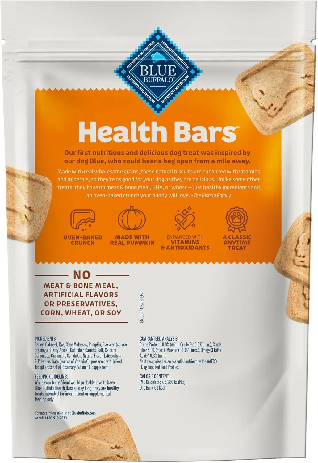 Blue Buffalo Health Bars Crunchy Dog Biscuits, Oven-Baked With Natural Ingredients, Pumpkin & Cinnamon, 16-oz Bag