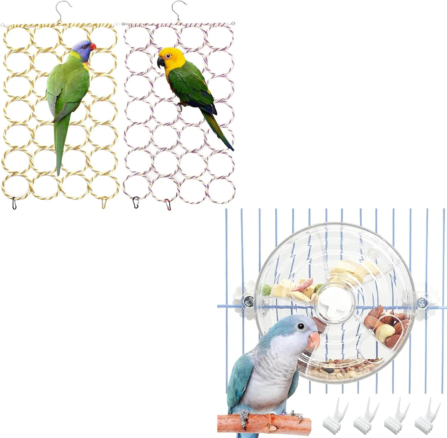 BNOSDM 2 Packs Bird Hemp Rope Net Swing Climbing Rope Net for Parrot Ladder and Bird Foraging Toy Creative Feeder Systems with Seed Food Rotating Wheel for Small and Medium Cockatiel Parakeet Conure
