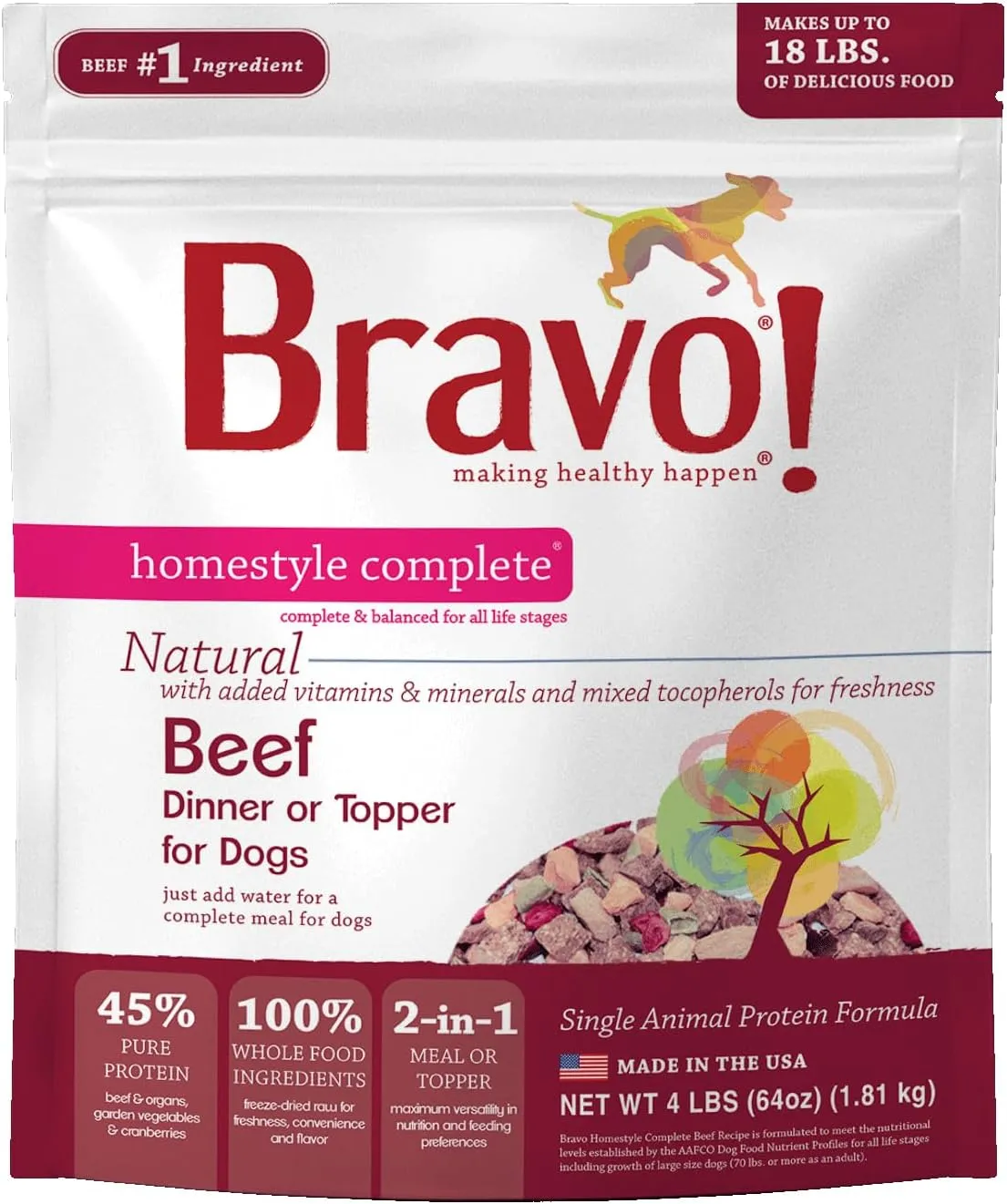 Bravo! Homestyle Complete Beef Dinner Grain-Free Freeze-Dried Dog Food, 4-lb Bag