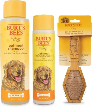 Burt's Bees Bundle Oatmeal Grooming Kit | Includes Oatmeal Dog Shampoo and Conditioner with Colloidal Oat Flour and Honey, and Double Sided Pin & Bristle Brush