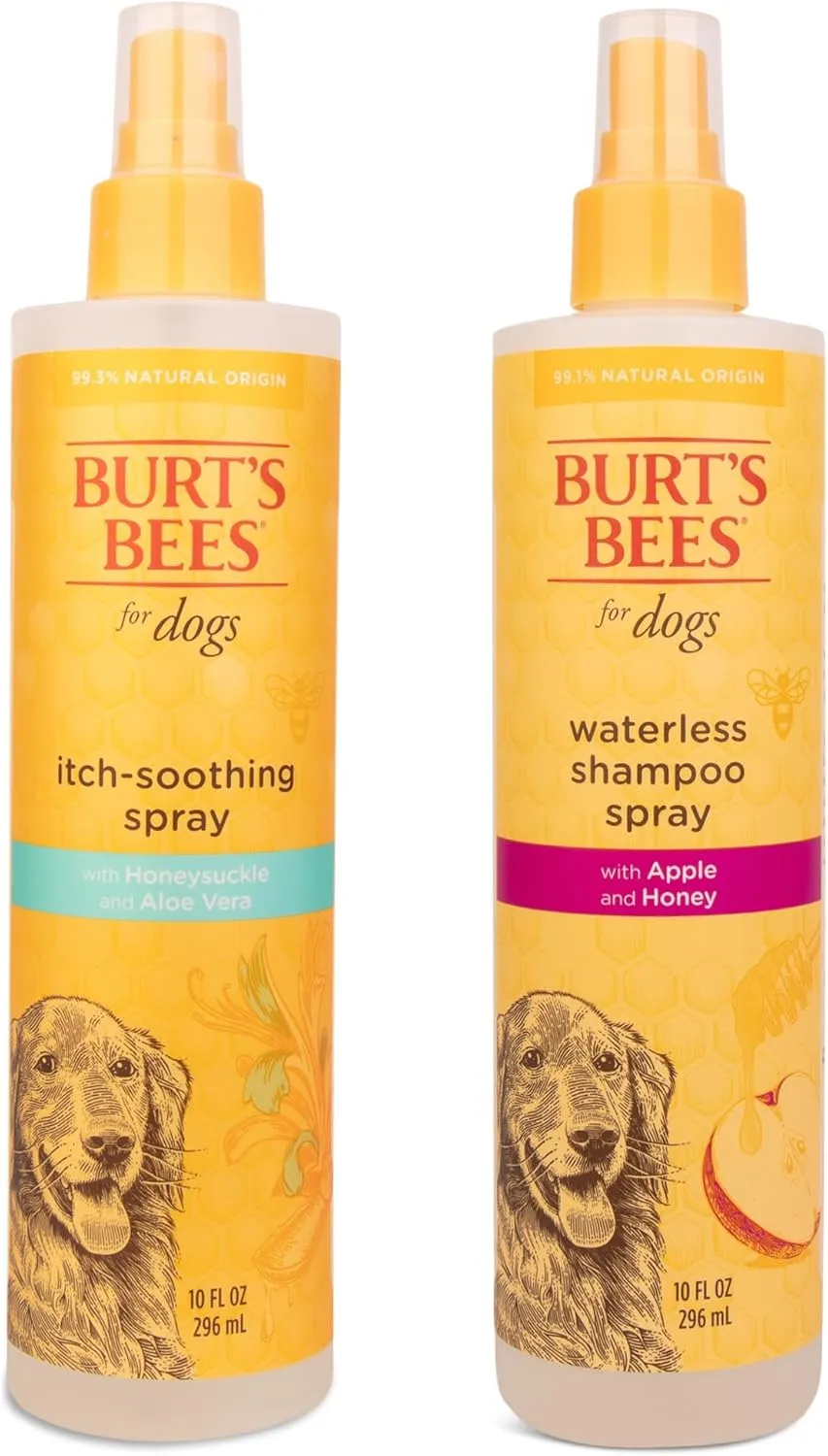 BURT'S BEES FOR PETS Itch Soothing Spray with Honeysuckle & Waterless Shampoo Spray with Apple & Honey  Natural Dog Grooming for Itchy Skin & Quick Cleanups, 10 oz Each