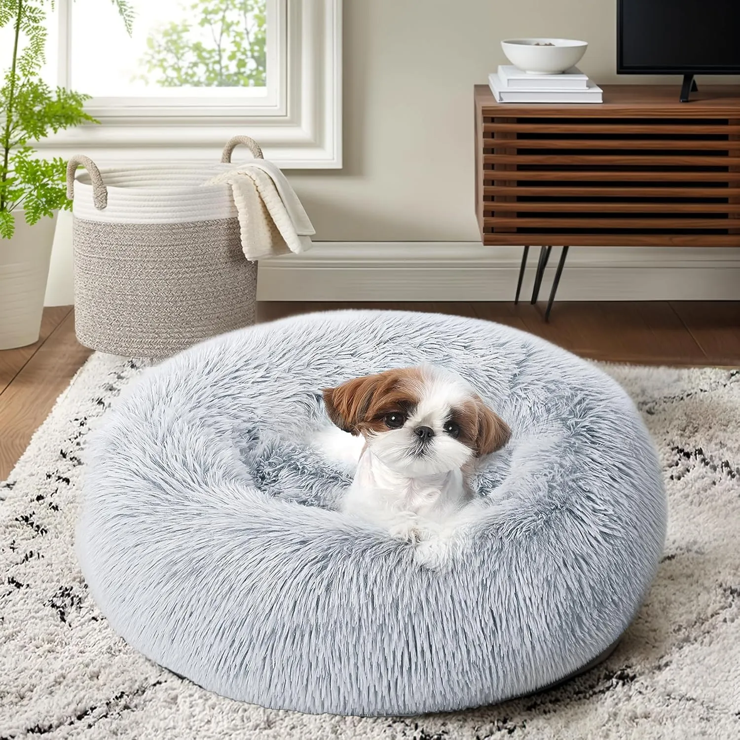 Calming Dog Bed & Cat Bed for Indoor Cats, Medium Size Washable Anti-Slip Anti-Anxiety Donut Dog Beds for Small Dogs & Cats, Fluffy Plush Cozy Round Dog Bed(20 Inch, Light Grey)