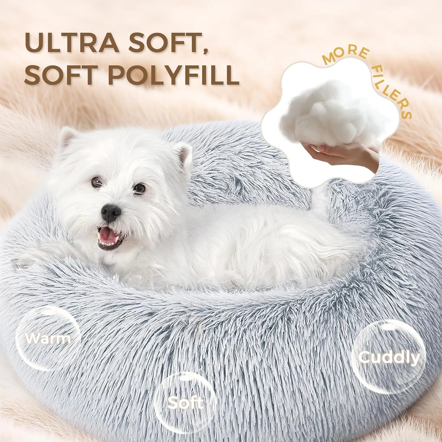 Calming Dog Bed & Cat Bed for Indoor Cats, Medium Size Washable Anti-Slip Anti-Anxiety Donut Dog Beds for Small Dogs & Cats, Fluffy Plush Cozy Round Dog Bed(20 Inch, Light Grey)