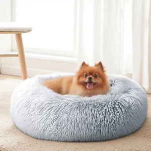 Calming Dog Bed & Cat Bed for Indoor Cats, Medium Size Washable Anti-Slip Anti-Anxiety Donut Dog Beds for Small Dogs & Cats, Fluffy Plush Cozy Round Dog Bed(20 Inch, Light Grey)