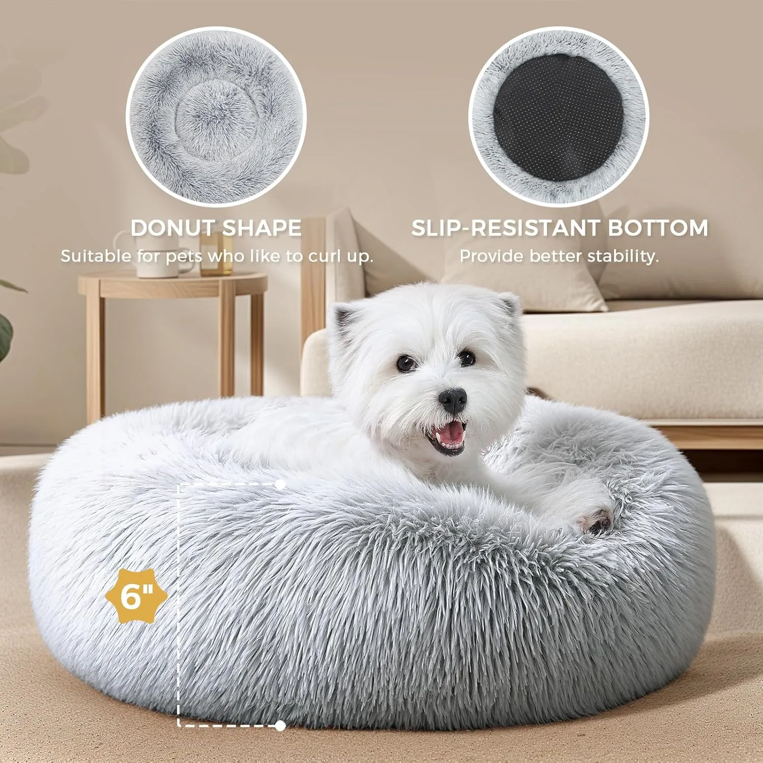 Calming Dog Bed & Cat Bed for Indoor Cats, Medium Size Washable Anti-Slip Anti-Anxiety Donut Dog Beds for Small Dogs & Cats, Fluffy Plush Cozy Round Dog Bed(20 Inch, Light Grey)