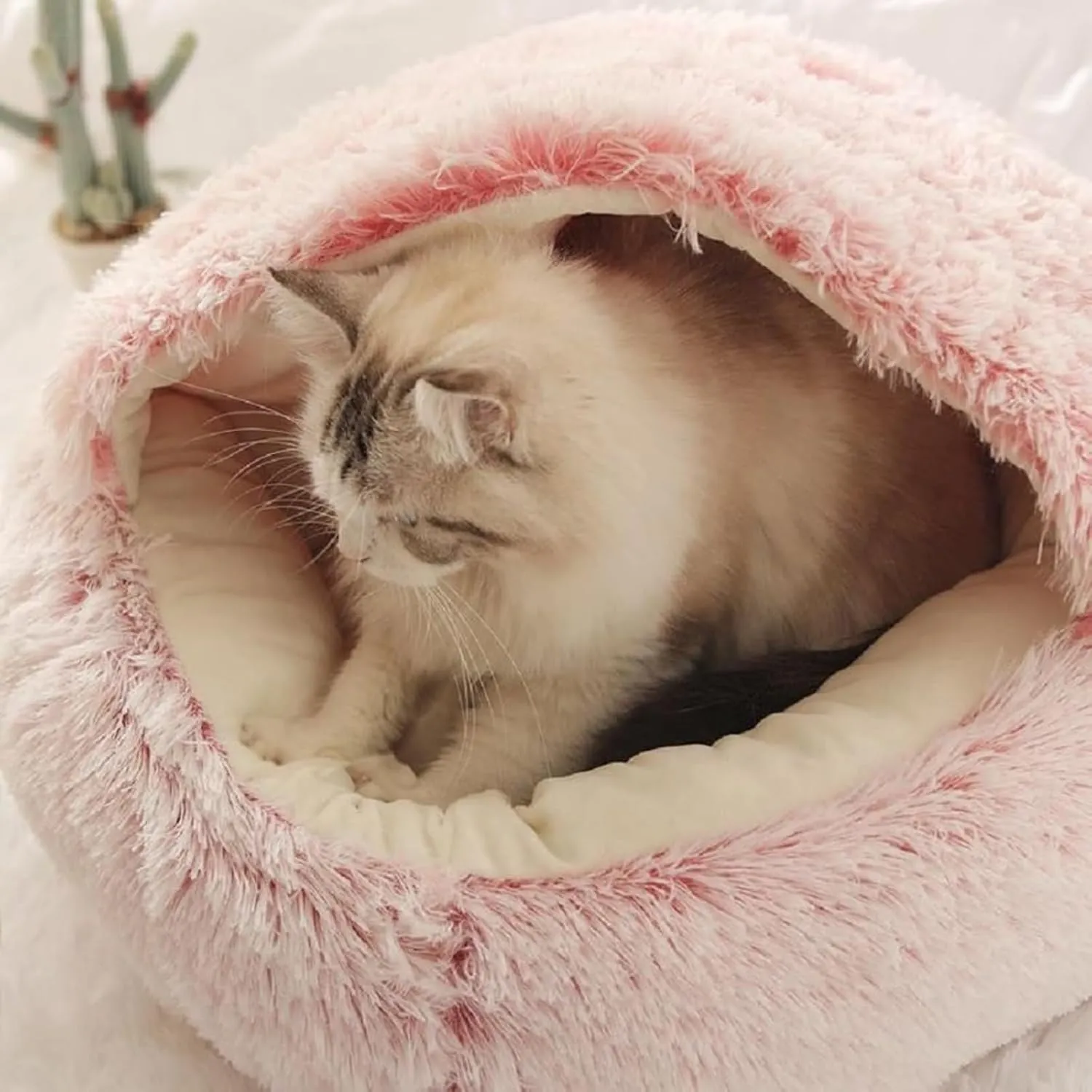 Calming Dog Bed Covered Donut Cat Cave Bed for Indoor Cats Dogs,Fluffy Plush Puppy Cushion Pet Bed Kitten Small Dog Soft Warm Donut Cave Bed Sleeping Bag Sleeping Pillow,Pink,50cm/19.69"