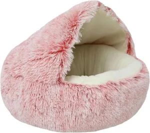 Calming Dog Bed Covered Donut Cat Cave Bed for Indoor Cats Dogs,Fluffy Plush Puppy Cushion Pet Bed Kitten Small Dog Soft Warm Donut Cave Bed Sleeping Bag Sleeping Pillow,Pink,50cm/19.69"
