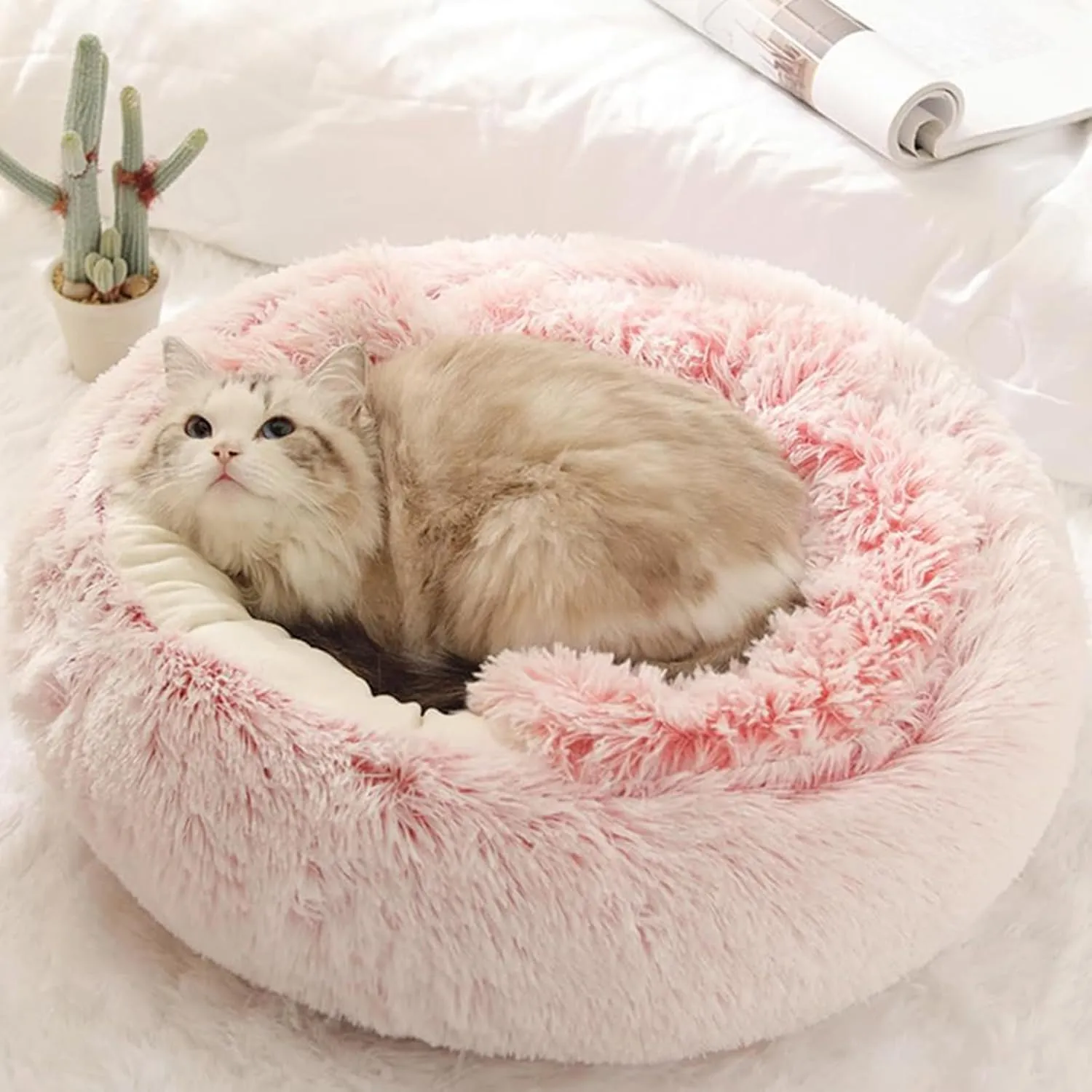 Calming Dog Bed Covered Donut Cat Cave Bed for Indoor Cats Dogs,Fluffy Plush Puppy Cushion Pet Bed Kitten Small Dog Soft Warm Donut Cave Bed Sleeping Bag Sleeping Pillow,Pink,50cm/19.69"