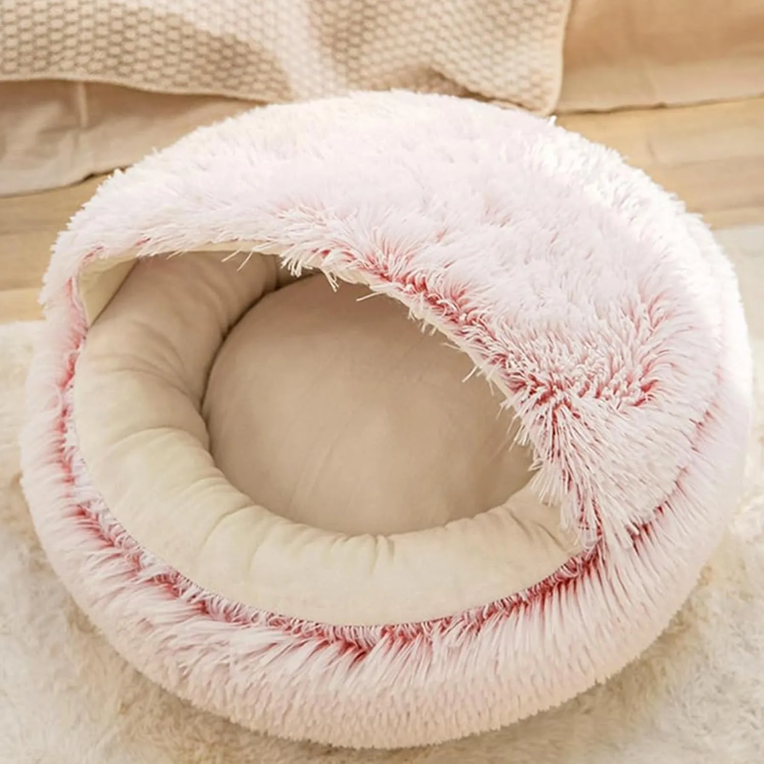 Calming Dog Bed Covered Donut Cat Cave Bed for Indoor Cats Dogs,Fluffy Plush Puppy Cushion Pet Bed Kitten Small Dog Soft Warm Donut Cave Bed Sleeping Bag Sleeping Pillow,Pink,50cm/19.69"