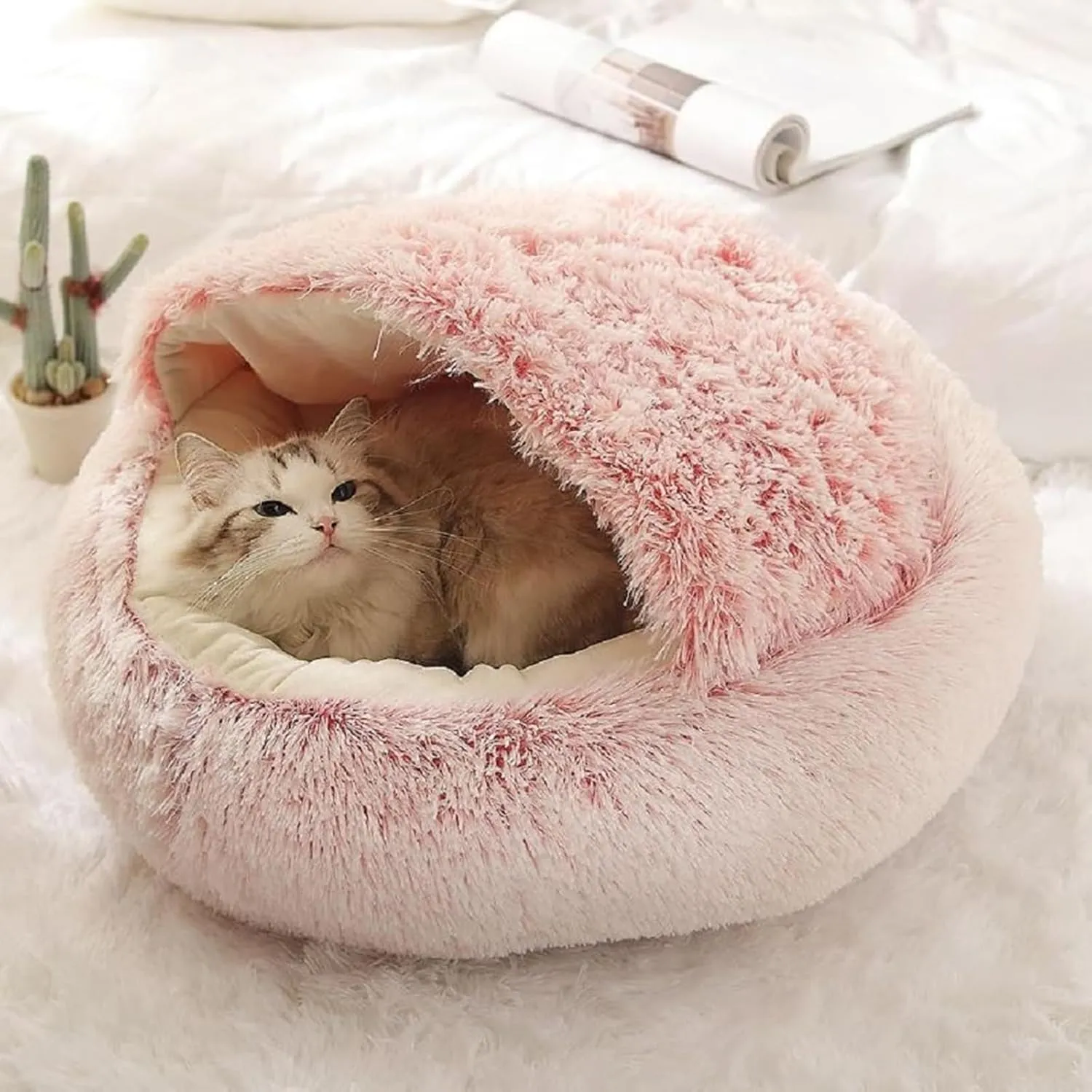 Calming Dog Bed Covered Donut Cat Cave Bed for Indoor Cats Dogs,Fluffy Plush Puppy Cushion Pet Bed Kitten Small Dog Soft Warm Donut Cave Bed Sleeping Bag Sleeping Pillow,Pink,50cm/19.69"