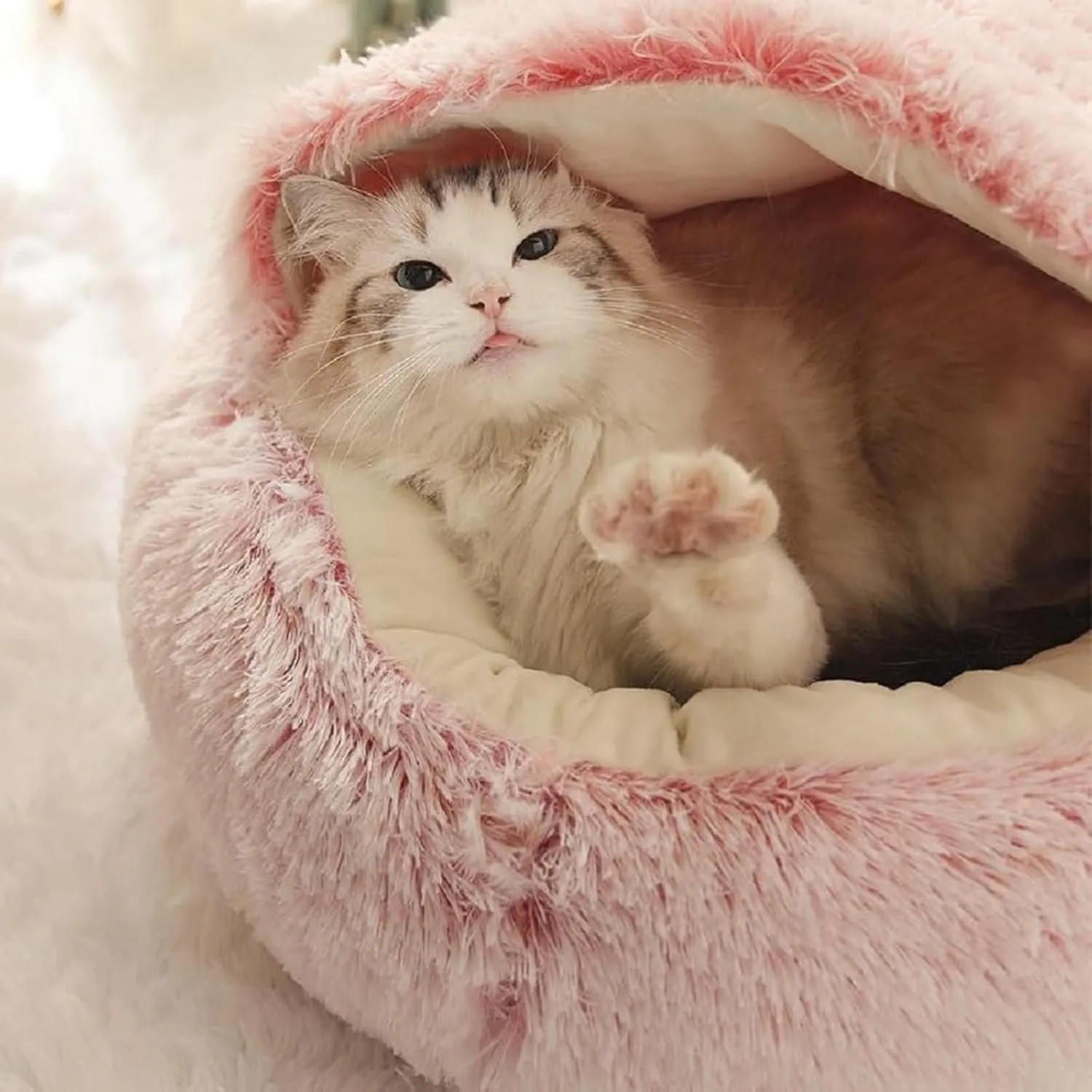 Calming Dog Bed Covered Donut Cat Cave Bed for Indoor Cats Dogs,Fluffy Plush Puppy Cushion Pet Bed Kitten Small Dog Soft Warm Donut Cave Bed Sleeping Bag Sleeping Pillow,Pink,50cm/19.69"