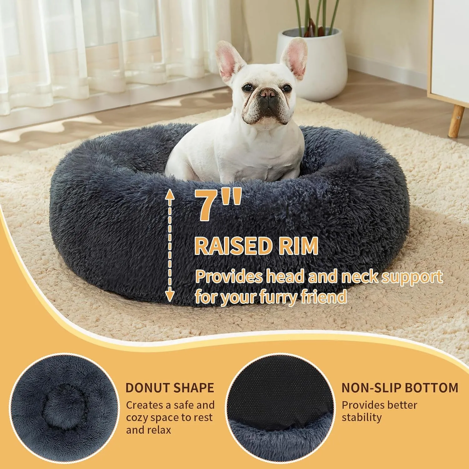 Calming Dog Bed for Medium Dogs, 30 inches Anti-Slip Round Fluffy Plush Faux Fur Medium Pet Bed, Donut Washable Cat Bed, Fits up to 45 lbs Pets, Deep Blue